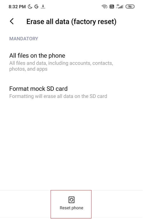 Tap-on-Reset-phone-at-the-bottom كيفية إعادة تعيين أو إعادة تشغيل هاتف Android الخاص بك؟