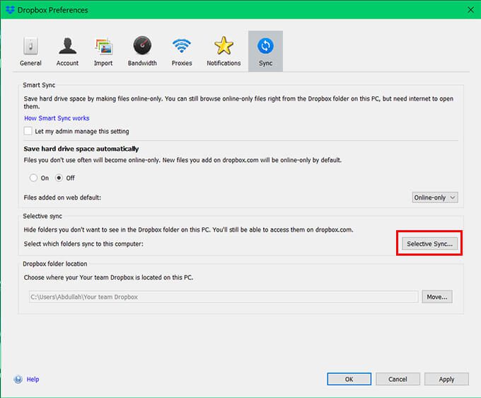 Click-Selective-Sync-from-Dropbox-Preferences-Windows-10 كيفية النسخ الاحتياطي التلقائي لمجلدات Windows 10 مع Dropbox و Google Drive