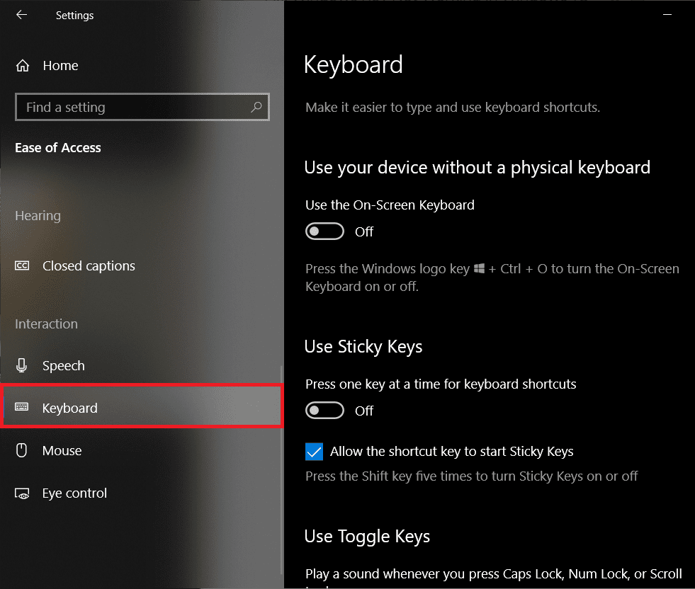 Click-on-Keyboard-under-the-Interaction-label إصلاح: مفتاح Windows على لوحة المفاتيح لا يعمل في Windows 10