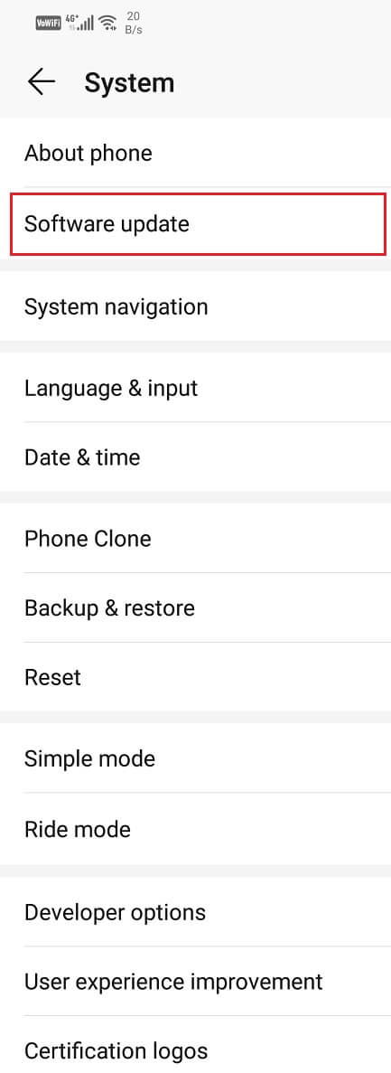 Click-on-Software-update إصلاح خطأ تعذر الاتصال بالانترنت في Android
