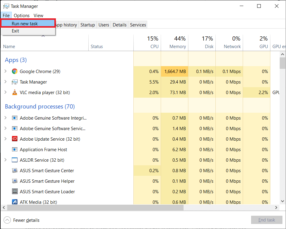 Click-on-the-File-option-at-the-top-right-corner-of-the-Task-Manager-Window-and-select-Run-new-task إصلاح: مفتاح Windows على لوحة المفاتيح لا يعمل في Windows 10