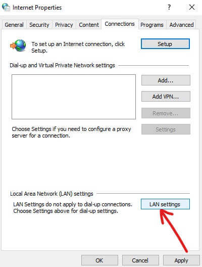 Click-on-the-LAN-settings-settings-op إصلاح تم حظر هذا الموقع من قبل مزود خدمة الإنترنت ISP في Windows 10