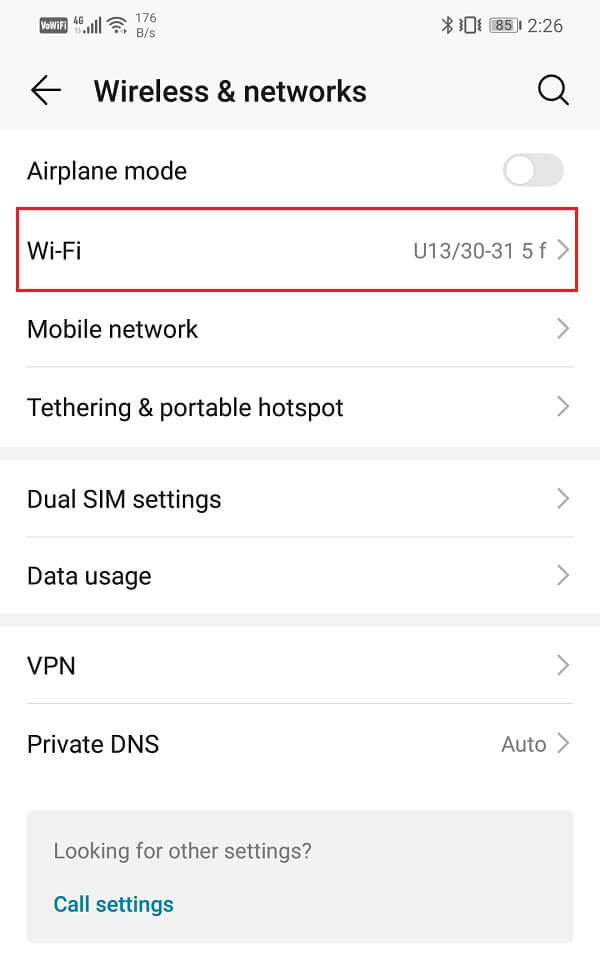 Click-on-the-Wi-Fi-tab إصلاح خطأ تعذر الاتصال بالانترنت في Android
