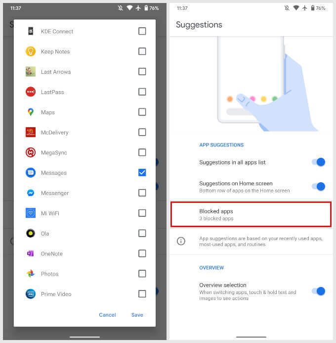 Exclude-Suggested-Apps-Android-11-Pixel-Launcher كيفية إضافة تطبيقات مقترحة إلى درج التطبيق Dock على هاتف Android