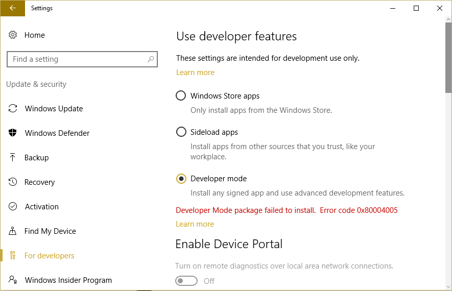 Fix-Developer-Mode-package-failed-to-install-Error-code-0x80004005-1 كيفية تثبيت Linux Bash Shell على Windows 10