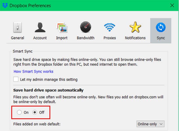Save-hard-drive-space-by-removing-synced-files-using-Dropbox-on-Windows-10 كيفية النسخ الاحتياطي التلقائي لمجلدات Windows 10 مع Dropbox و Google Drive