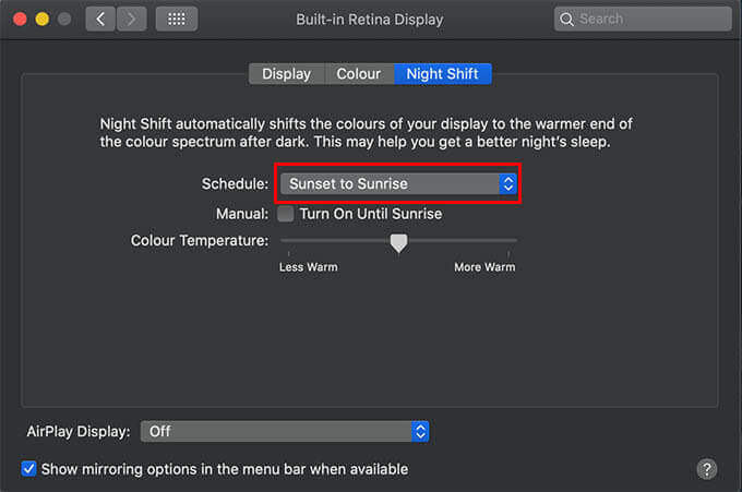 Schedule-Night-Shift-intop-Sunset-to-Sunrise-on-Mac كيفية إصلاح الوضع الداكن التلقائي في Mac