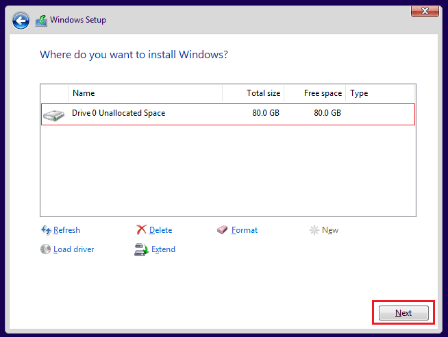 Select-the-unallocated-or-empty-drive. كيفية إجراء تثبيت نظيف لنظام التشغيل Windows 10