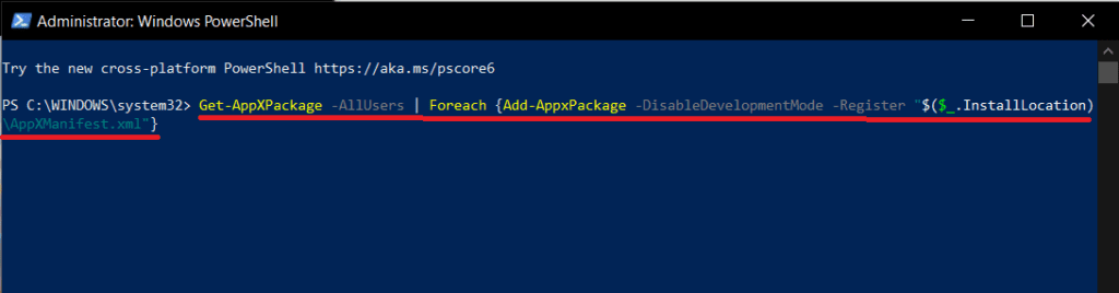Type-the-command-line-carefully-or-simply-copy-paste-into-the-PowerShell-window-1024x268-1 إصلاح: مفتاح Windows على لوحة المفاتيح لا يعمل في Windows 10