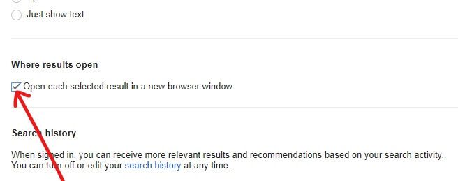 Uncheck-the-box-next-to-Open-each-selected-result-in-a-new-brow إصلاح خطأ Chrome يستمر فتح علامات تبويب جديدة تلقائيًا