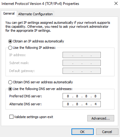 Under-the-Alternate-DNS-server-enter-8.4.4 إصلاح تم حظر هذا الموقع من قبل مزود خدمة الإنترنت ISP في Windows 10