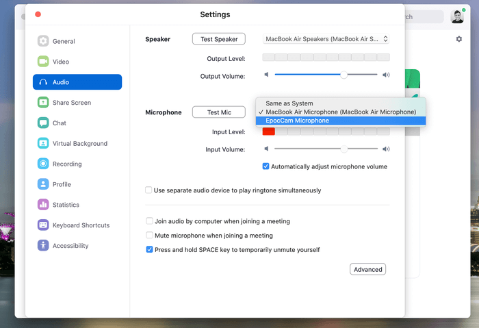 zoom-audio-change_935adec67b324b146ff212ec4c69054f كيفية استخدام EpocCam مع Zoom و Microsoft Teams و Skype و Google Meet على Mac