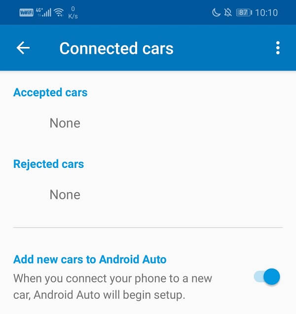 Able to see the name of your car under Accepted cars - إصلاح مشاكل الأعطال والاتصال في Android Auto
