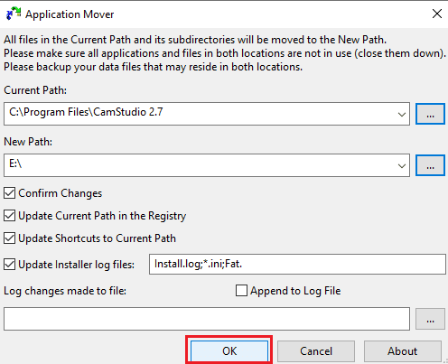After-selecting-both-the-paths-click-on-OK-button-to-continue كيفية نقل البرامج المثبتة إلى محرك أقراص آخر في Windows 10