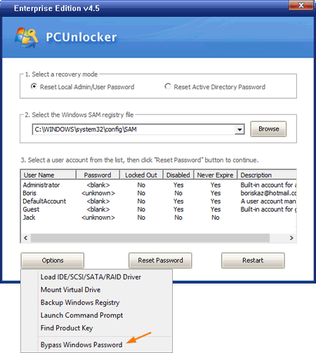 Bypass-Windows-Password استعادة كلمات المرور المنسية على Windows 10 مع PCUnlocker