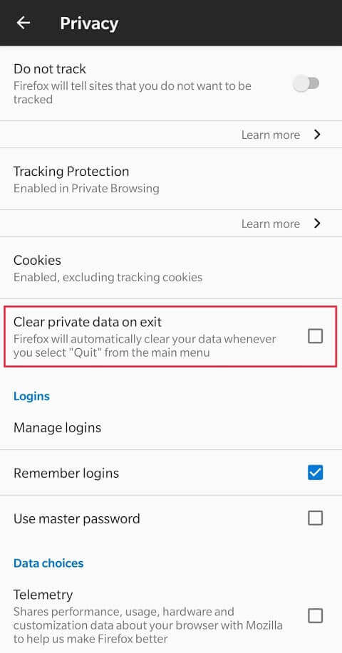 Check-off-the-box-located-next-to-“Clear-private-data-on-exit” كيفية حذف سجل محفوظات المتصفح على Android