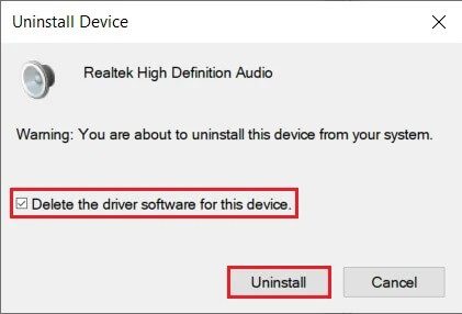 Check-the-box-next-to-Delete-the-driver-software-for-this-device-and-click-on-the-Uninstall-button إصلاح رسالة استخدام CPU عالي Audio Device Graph Isolation high CPU usage