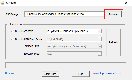 Click-on-Browse-to-add-the-ISO-file-path استعادة كلمات المرور المنسية على Windows 10 مع PCUnlocker