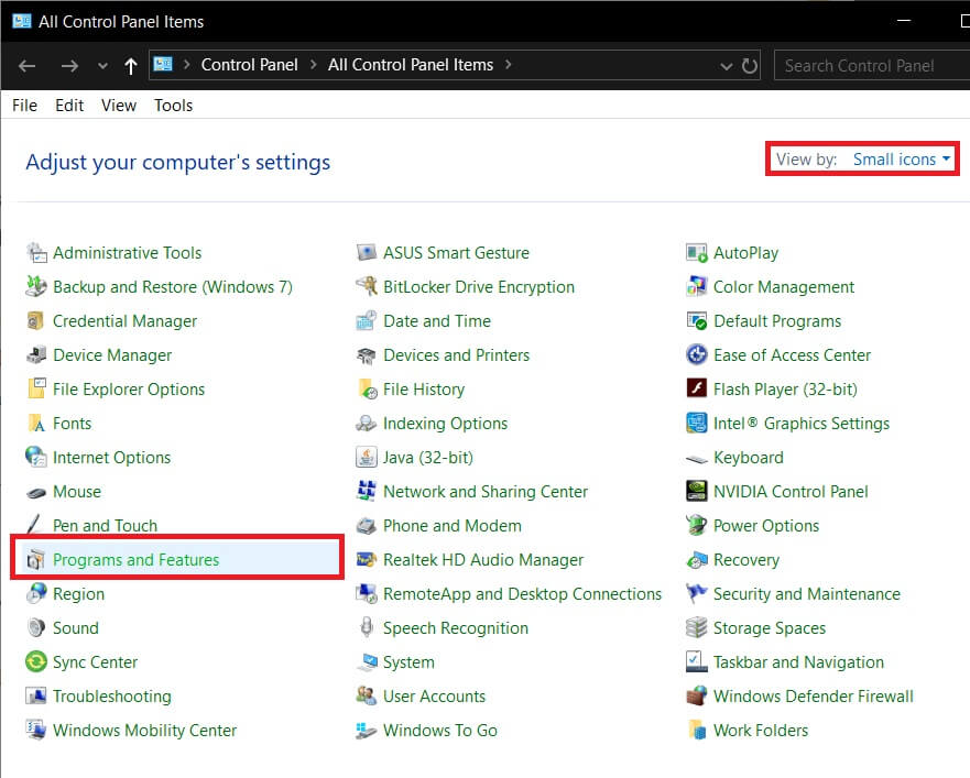 Click-on-Programs-and-Features-and-can-change-the-icon-size-to-small كيفية تعطيل Adobe AcroTray.exe عند بدء التشغيل
