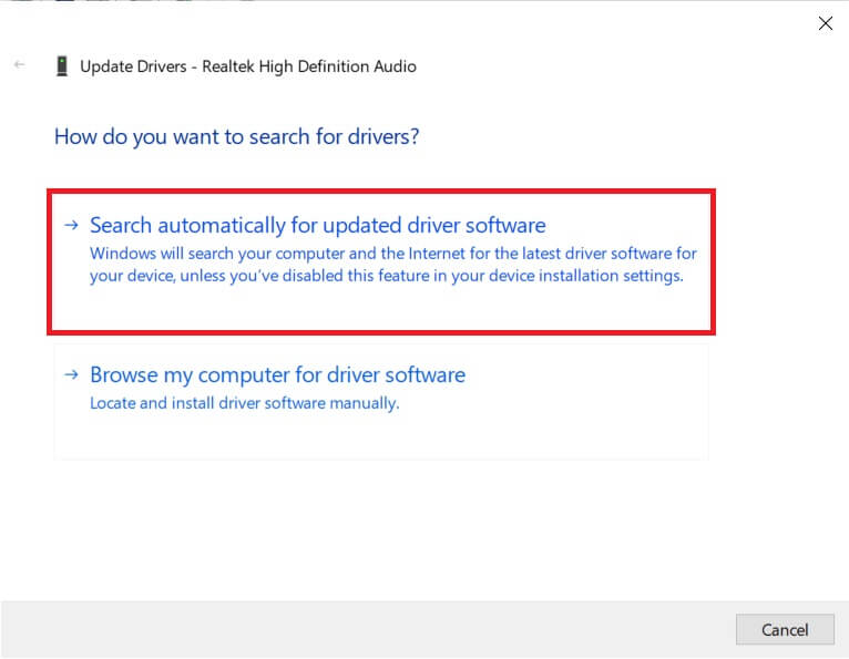 Click-on-Search-automatically-for-updated-driver-software-1 إصلاح رسالة استخدام CPU عالي Audio Device Graph Isolation high CPU usage