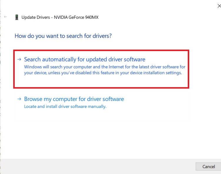 Click-on-Search-automatically-for-updated-driver-software-2 إصلاح رمز خطأ 0x0003 على Geforce Experience