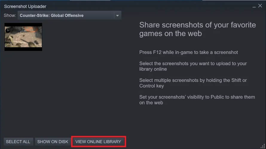 Click-on-View-Online-Library-next-to-Show-on-Disk الوصول بسرعة إلى مجلد لقطة شاشة Steam على Windows 10