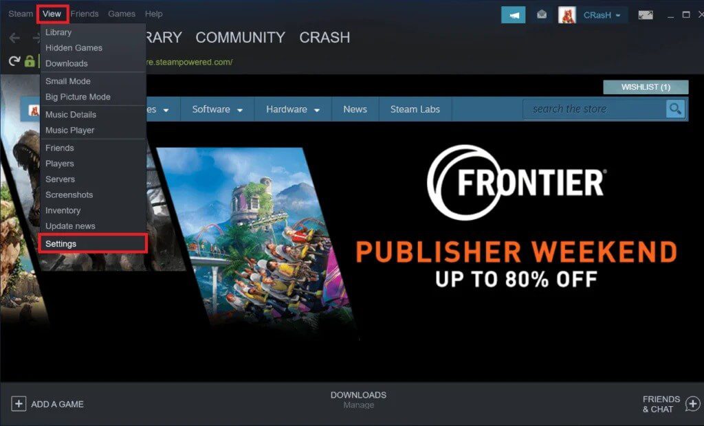 Click-on-View-to-open-the-drop-down-menu-and-from-the-drop-down-menu-select-Settings-1024x620-1 الوصول بسرعة إلى مجلد لقطة شاشة Steam على Windows 10