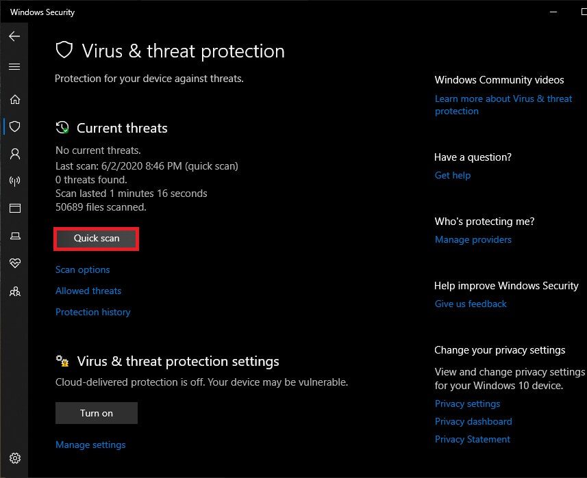 Click-on-Virus-and-Threat-Protection-shield-icon-and-then-perform-a-Quick-Scan إصلاح رسالة استخدام CPU عالي Audio Device Graph Isolation high CPU usage