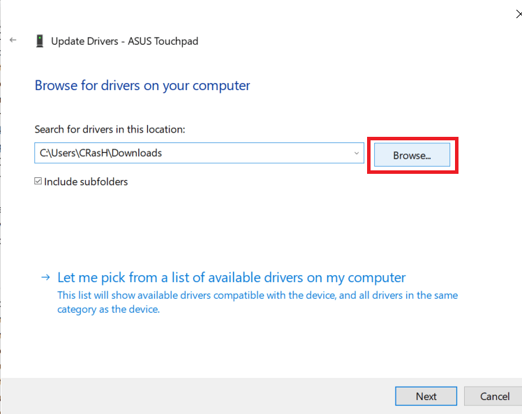 Click-on-the-Browse-button-and-locate-the-downloaded-folder.-Hit-Next 7 طرق لإصلاح عدم عمل لوحة اللمس من Dell