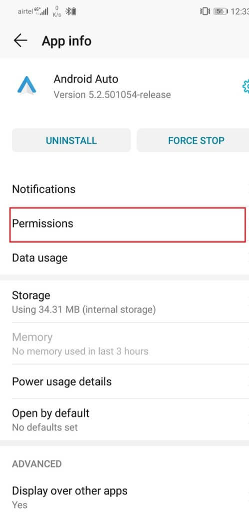 Click on the Permissions option 499x1024 1 - إصلاح مشاكل الأعطال والاتصال في Android Auto