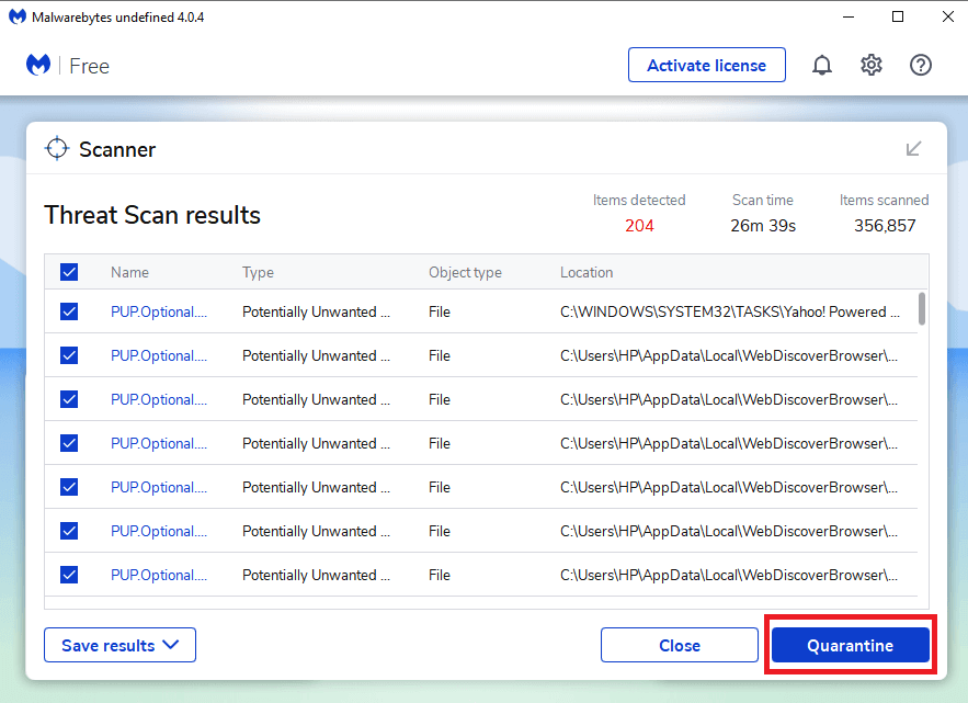 Click-on-the-Quarantine-option 4 طرق لإزالة إعادة توجيه ByteFence بالكامل