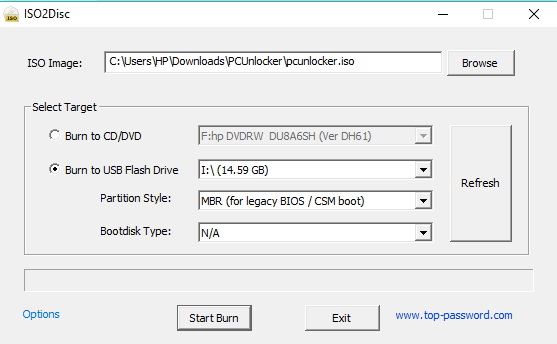 Click-on-the-Start-Burn-button-available-at-the-bottom-of-the-dialog-box استعادة كلمات المرور المنسية على Windows 10 مع PCUnlocker