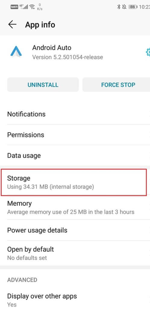 Click on the Storage option 3 498x1024 1 - إصلاح مشاكل الأعطال والاتصال في Android Auto