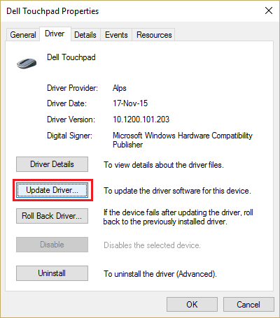 Click-on-the-Update-Driver-button 7 طرق لإصلاح عدم عمل لوحة اللمس من Dell