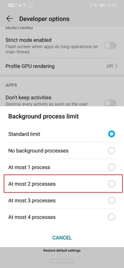 Click-on-the-“At-most-2-processes-option”-473x1024-1 إصلاح مشاكل الأعطال والاتصال في Android Auto