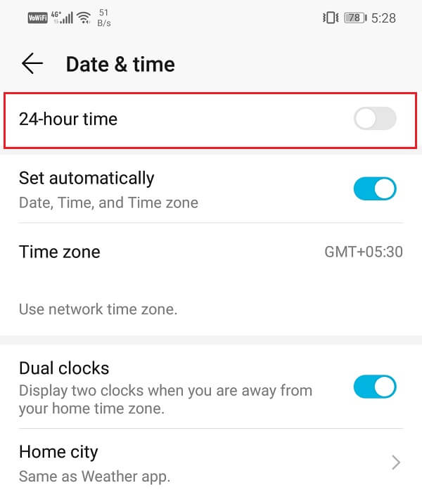 Enable-the-24-hour-time-format إصلاح تعذر فتح جهات الاتصال على هاتف Android