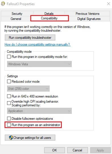 Enable-‘Run-this-program-as-an-administrator’-by-tickingchecking-the-box-next-to-it كيفية تشغيل Fallout 3 على Windows 10؟