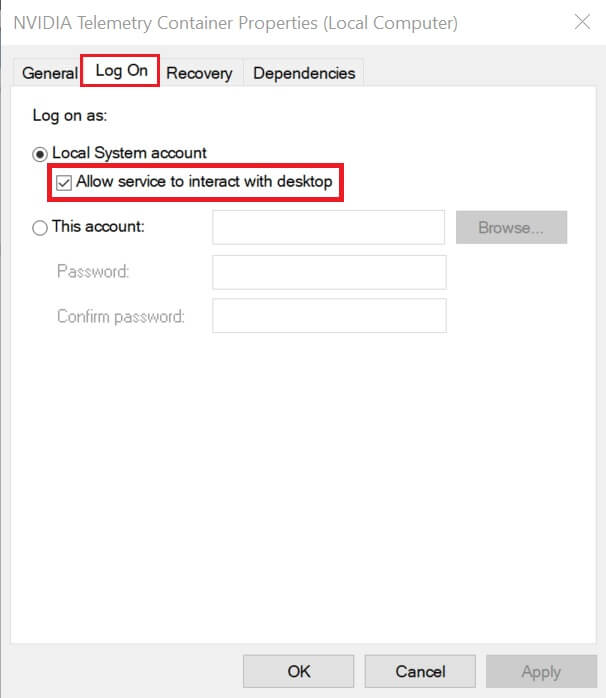 Ensure-the-box-next-to-Allow-service-to-interact-with-the-desktop-under-Local-System-account-is-tickedchecked إصلاح رمز خطأ 0x0003 على Geforce Experience