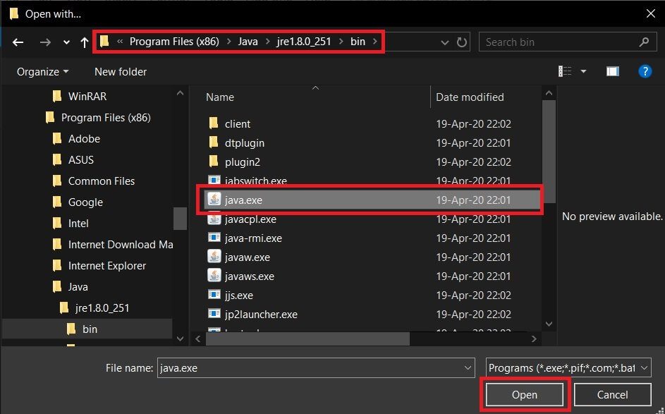 Finally-select-java.exe-and-press-enter كيفية تشغيل ملفات JAR على نظام التشغيل Windows 10