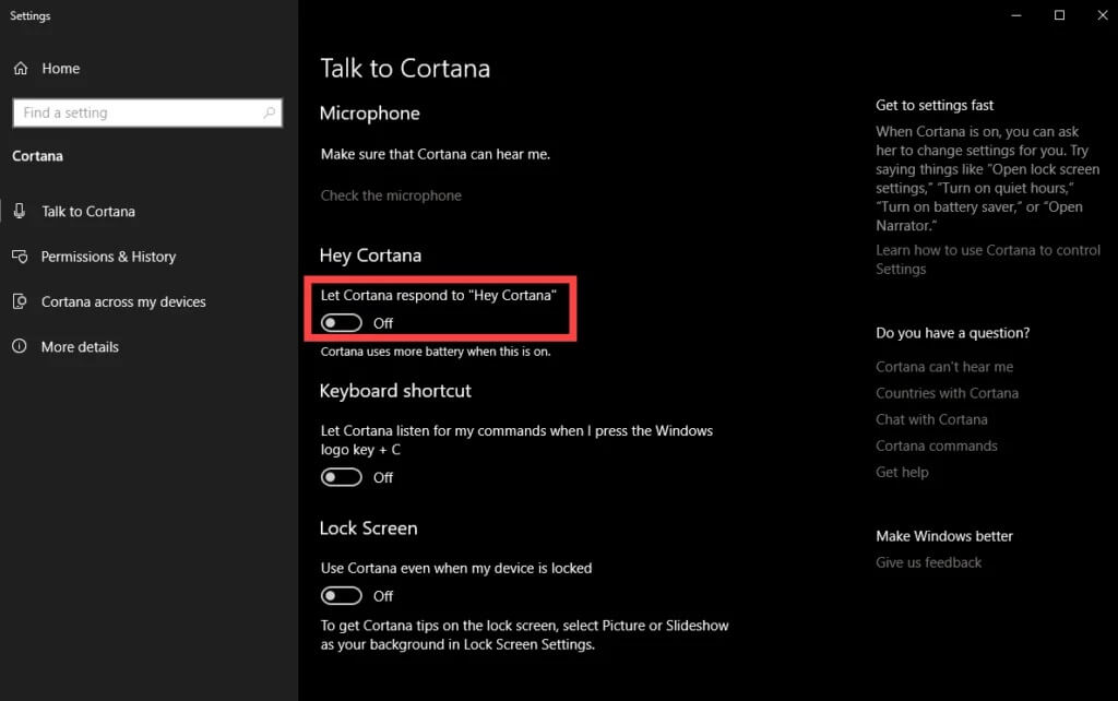 Find-an-option-labeled-“Let-Cortana-respond-to-‘Hey-Cortana’”-and-click-on-the-toggle-switch-1024x642-1 إصلاح رسالة استخدام CPU عالي Audio Device Graph Isolation high CPU usage
