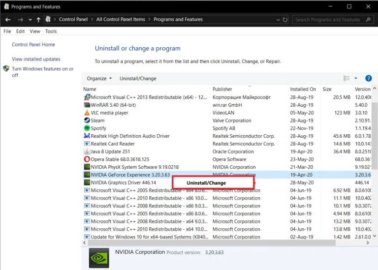 In-the-Programs-and-Features-window-locate-all-applications-and-Uninstall-them-1-768x549-1 إصلاح رمز خطأ 0x0003 على Geforce Experience