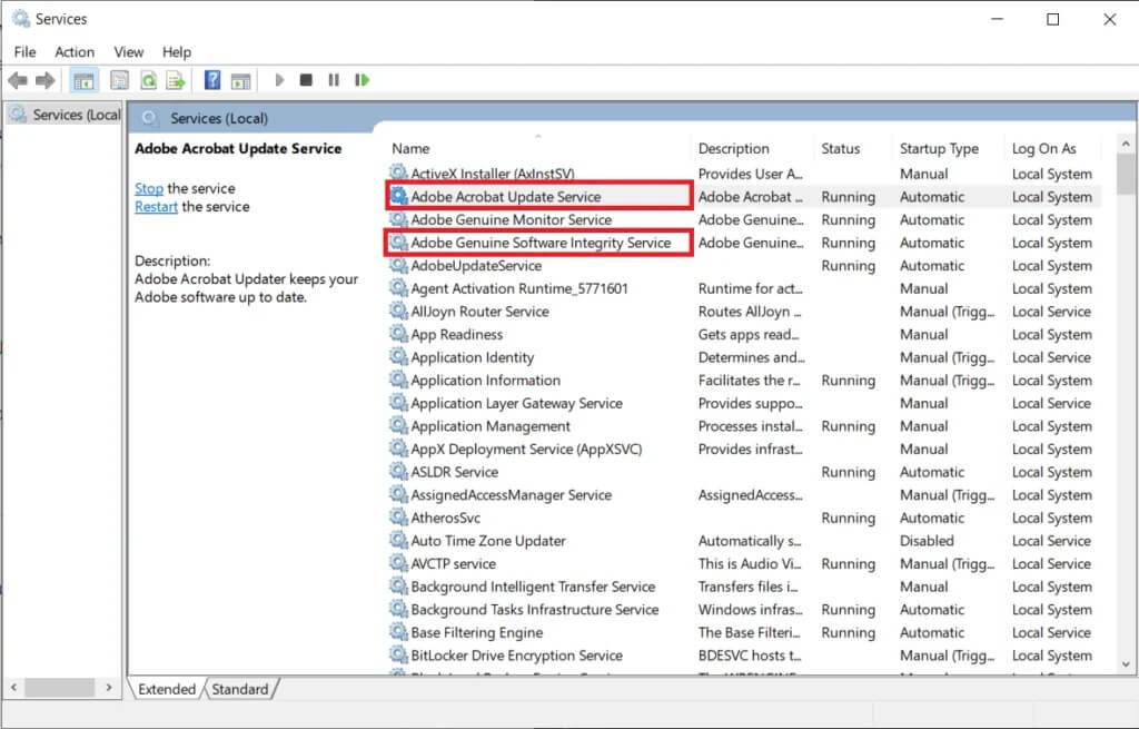Look-for-the-following-services-“Adobe-Acrobat-Update-Service”-and-“Adobe-Genuine-Software-Integrity”-1024x655-1 كيفية تعطيل Adobe AcroTray.exe عند بدء التشغيل
