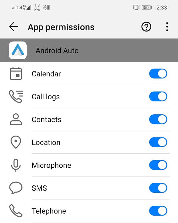 Make sure that you toggle on the switch for all the necessary permission access - إصلاح مشاكل الأعطال والاتصال في Android Auto
