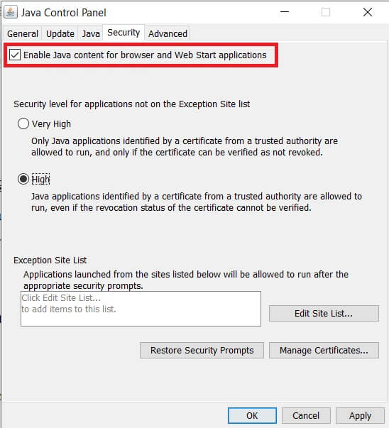Make-sure-the-box-next-to-‘Enable-Java-content-for-browser-and-Web-Start-applications’-is-ticked كيفية تشغيل ملفات JAR على نظام التشغيل Windows 10
