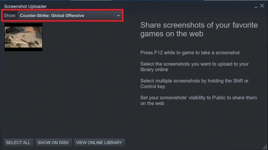 New-window-titled-Screenshot-uploader-will-launch-displaying-all-available-screenshots الوصول بسرعة إلى مجلد لقطة شاشة Steam على Windows 10