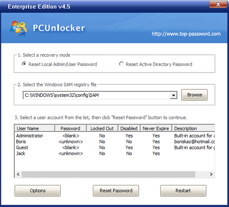 Once-the-system-is-booted-the-PCUnlocker-screen-will-be-shown استعادة كلمات المرور المنسية على Windows 10 مع PCUnlocker