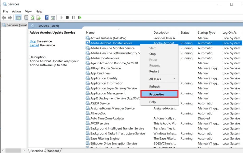 Right-click-on-Adobe-Acrobat-Update-Service-and-select-Properties-1024x647-1 كيفية تعطيل Adobe AcroTray.exe عند بدء التشغيل