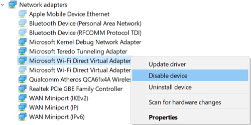 Right-click-on-Microsoft-Wi-Fi-Direct-Virtual-Adapter-and-select-Disable ما هو محول Microsoft Virtual WiFi المصغر وكيفية تمكينه؟