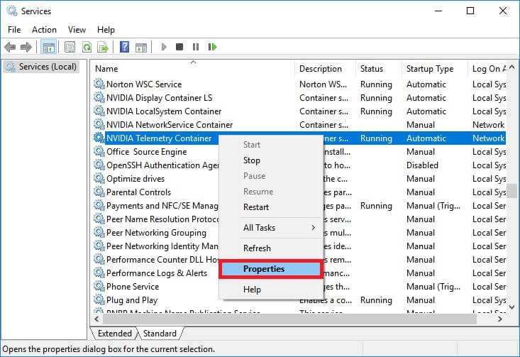 Right-click-on-Nvidia-Telemetry-Container-service-and-select-Properties إصلاح رمز خطأ 0x0003 على Geforce Experience
