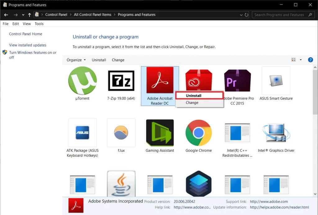 Right-click-on-the-Adobe-application-and-select-Uninstall-1024x693-1 كيفية تعطيل Adobe AcroTray.exe عند بدء التشغيل